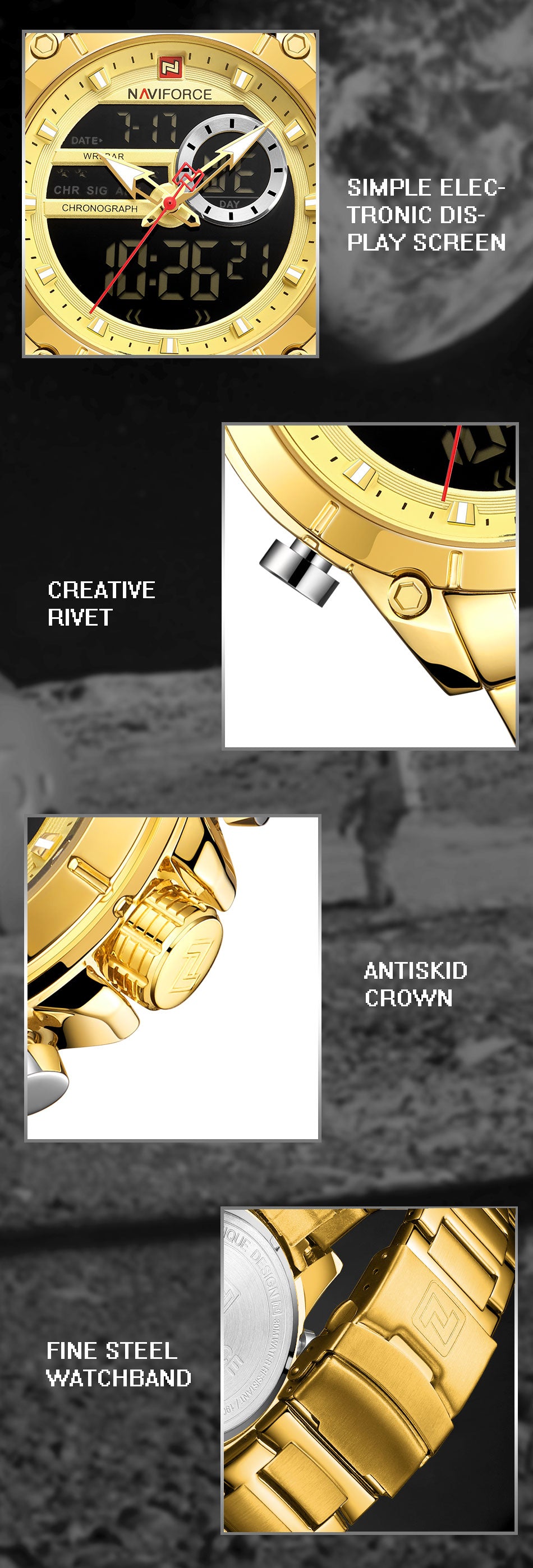 Men Military Sport Wrist Watch Gold Quartz Steel Waterproof Dual Display Male Clock Watches Relogio Masculino 9163