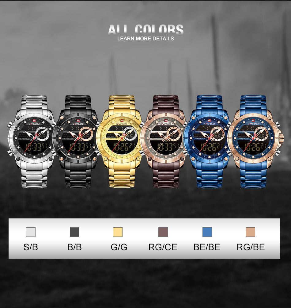 Men Military Sport Wrist Watch Gold Quartz Steel Waterproof Dual Display Male Clock Watches Relogio Masculino 9163