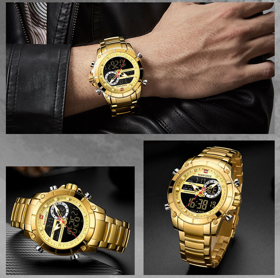 Men Military Sport Wrist Watch Gold Quartz Steel Waterproof Dual Display Male Clock Watches Relogio Masculino 9163