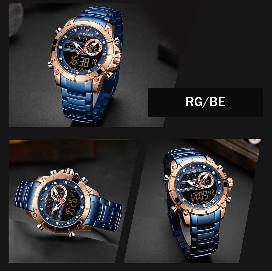 Men Military Sport Wrist Watch Gold Quartz Steel Waterproof Dual Display Male Clock Watches Relogio Masculino 9163