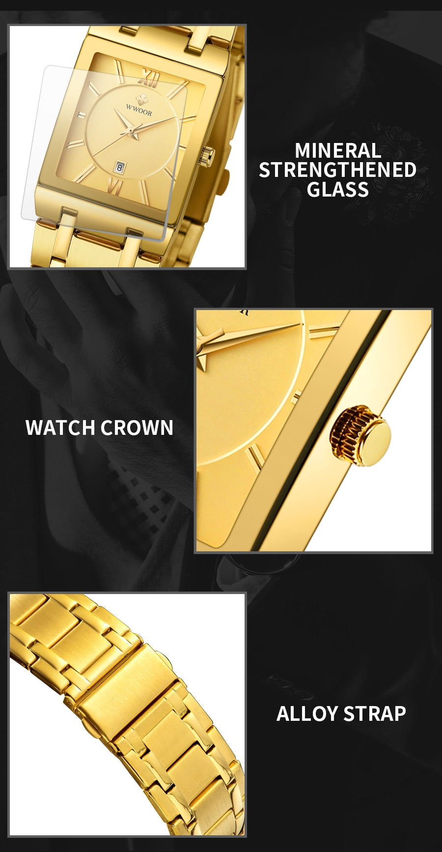 Relogio Masculino WWOOR Gold Watch Men Square Mens Watches Top Brand Luxury Golden Quartz Stainless Steel Waterproof Wrist Watch