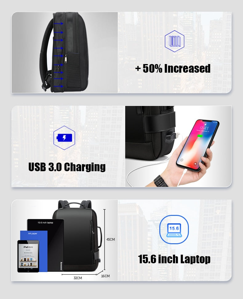 Brand Enlarge Backpack USB External Charge 15.6 Inch Laptop Backpack Shoulders Men Anti-Theft Waterproof Travel Backpack