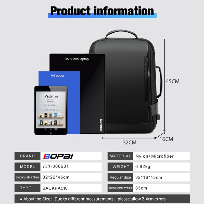 Brand Enlarge Backpack USB External Charge 15.6 Inch Laptop Backpack Shoulders Men Anti-Theft Waterproof Travel Backpack