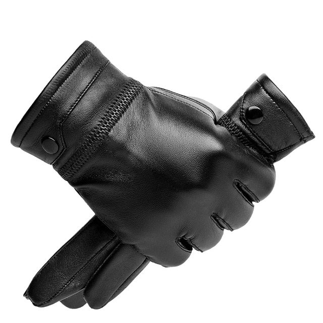 Men Genuine Sheepskin Leather Gloves Autumn Winter Warm Touch Screen Full Finger Black Gloves High Quality S019
