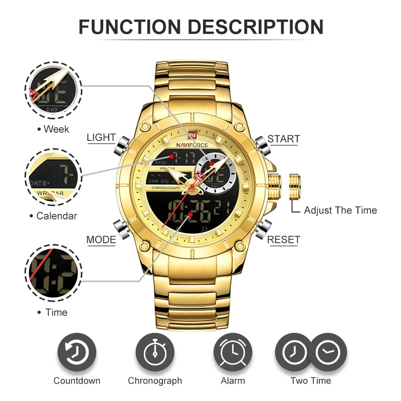 Men Military Sport Wrist Watch Gold Quartz Steel Waterproof Dual Display Male Clock Watches Relogio Masculino 9163