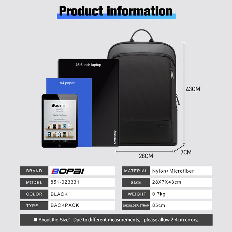 BOPAI Slim Laptop Backpack Men 15.6 Inch Office Work Women Backpacking Business Bag Unisex Black Thin Ultralight Bag Pack