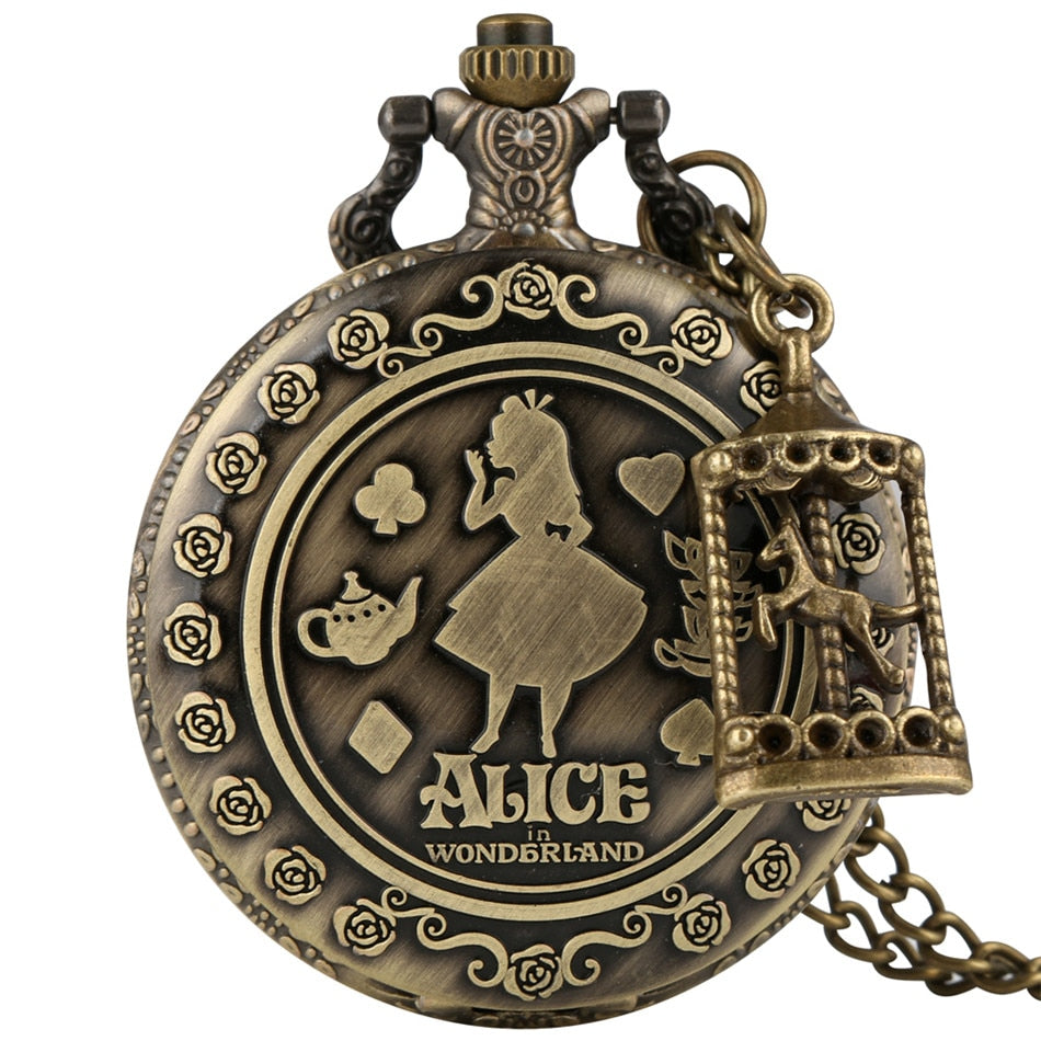 New Arrival Retro Alice in Wonderland Theme Bronze Quartz Pocket Watches Vintage Fob Watches Christmas Birthday Gift