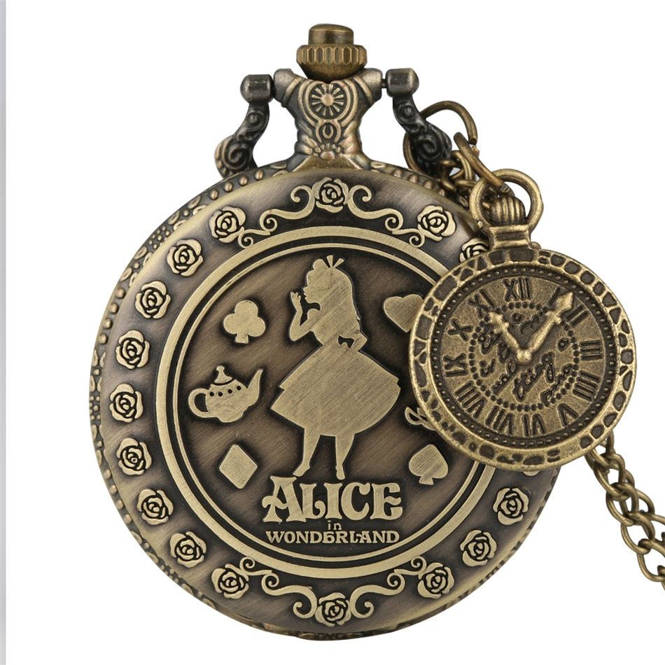 New Arrival Retro Alice in Wonderland Theme Bronze Quartz Pocket Watches Vintage Fob Watches Christmas Birthday Gift