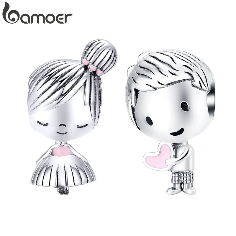 bamoer Boy and Girl Charm for Original Silver 925 Bracelet Genuine 925 Sterling Silver Metal Beads Valentine Gifts SCC1334