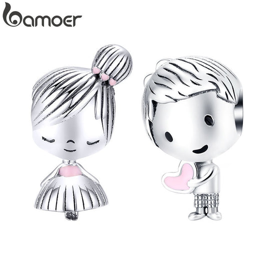 bamoer Boy and Girl Charm for Original Silver 925 Bracelet Genuine 925 Sterling Silver Metal Beads Valentine Gifts SCC1334